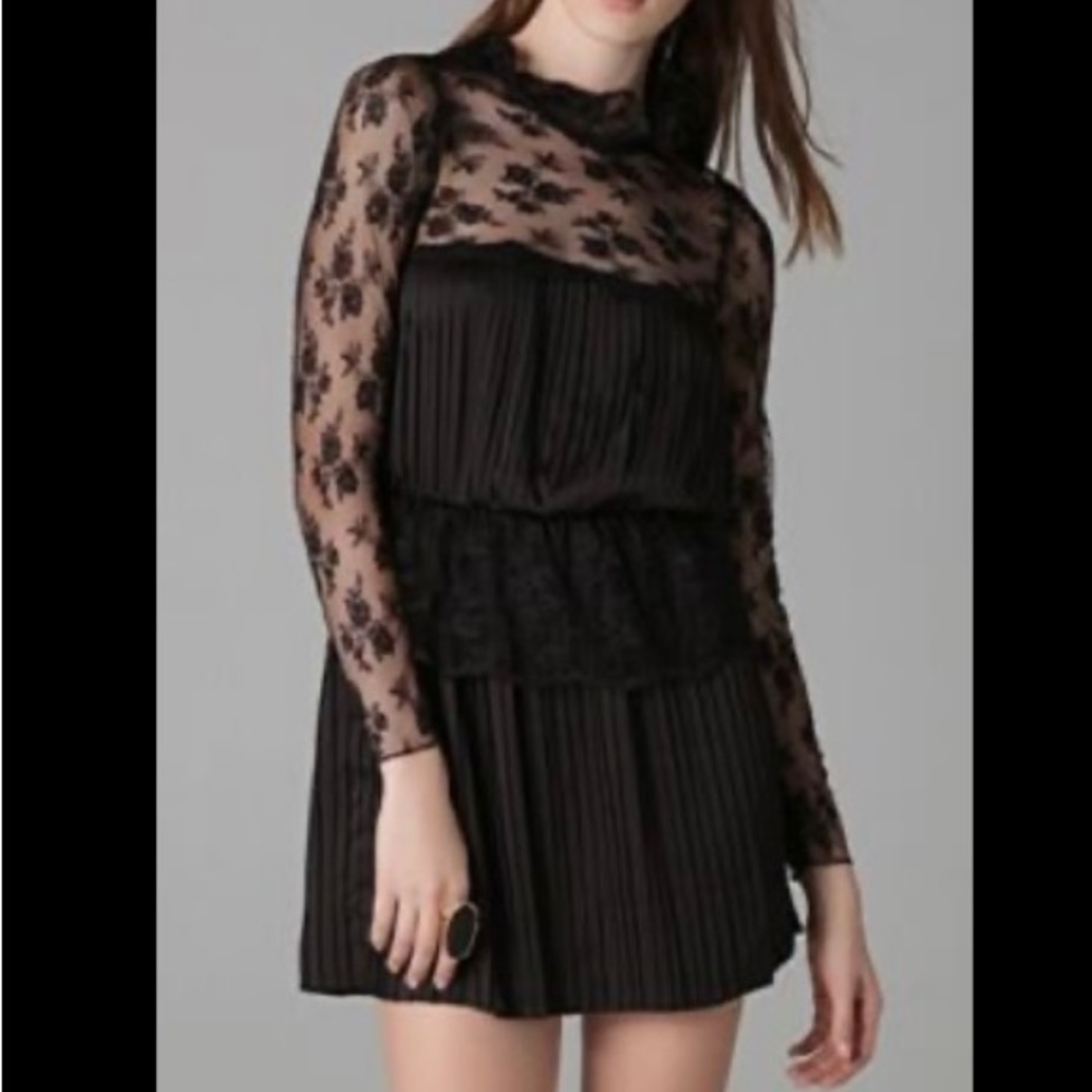 Free People size 12 Black collared lace and pleated Wednesday Adams Dress